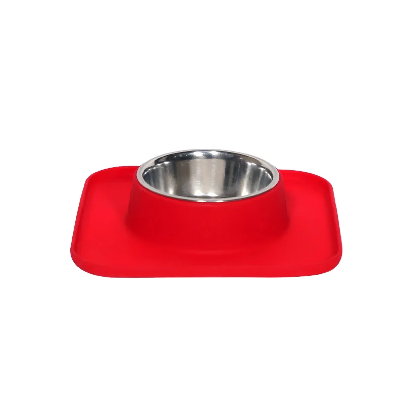 Square Silicon with Stainless Steel Pet Bowl- Red